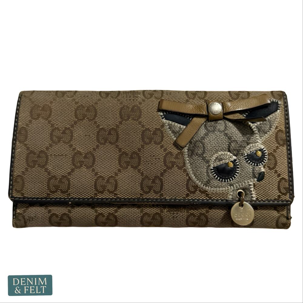 Gucci Guccioli GG Canvas Chihuahua Long Wallet Rare Bow Charm Designer Collector